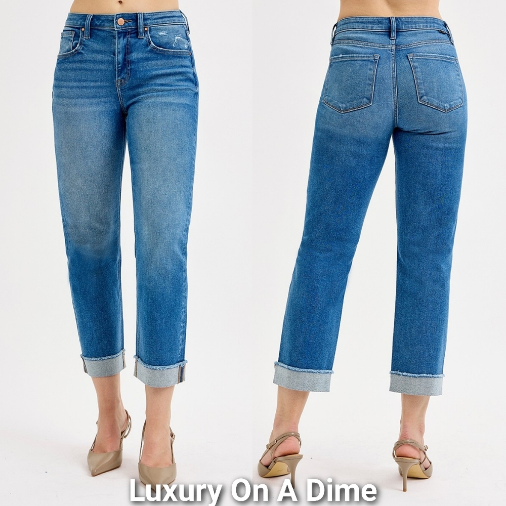 RISEN High-Rise Waist Boyfriend Fit Jeans Cuffed Straight Leg Ankle Denim Pants